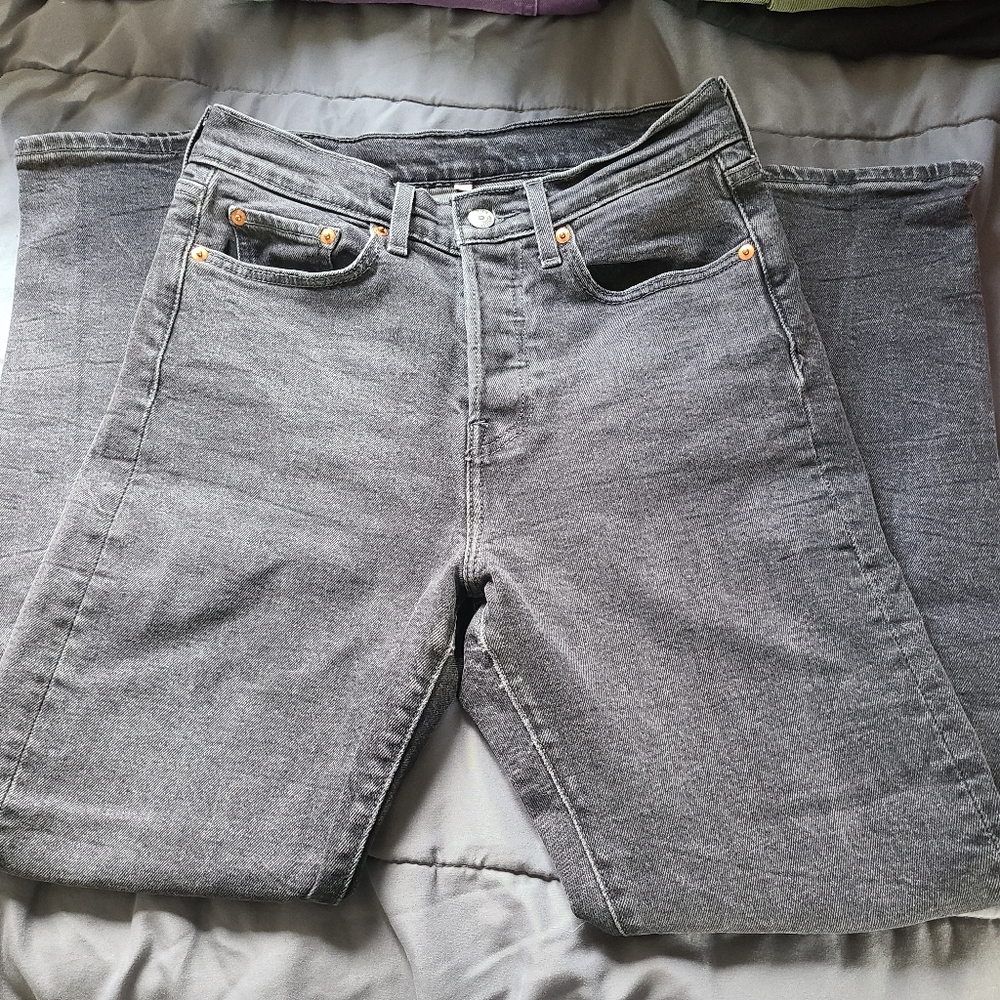 Levi's dark grey tapered button fly high rise jeans